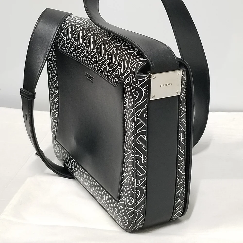 BURBERRY Calfskin Monogram TB Print Black and White Messenger Crossbody Bag